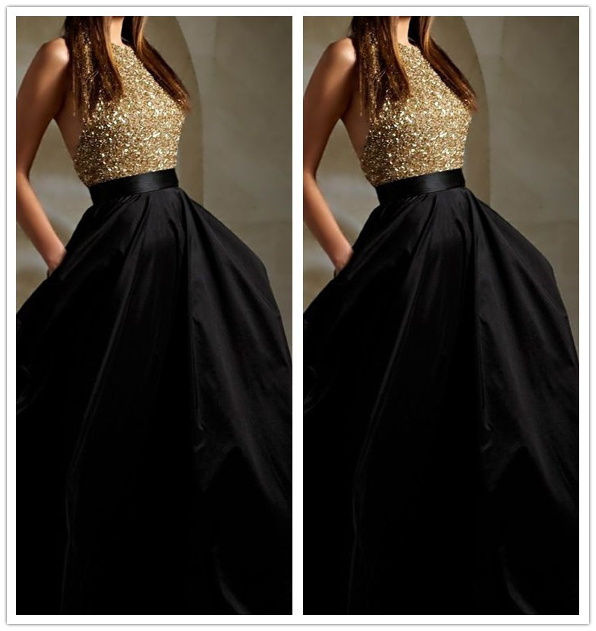 Prom Dress Two Pieces Prom Dress Gold Top Prom Dress Black